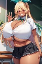 ai_generated alternate_breast_size alternate_skin_color black_skirt blackboard blonde_hair breasts_bigger_than_head button_gap buttons classroom cleavage curvy dark-skinned_female dark_skin desk green_ribbons grin grinning grinning_at_viewer gyaru hair_ribbon hairpin hand_on_thigh huge_breasts long_hair looking_at_viewer navel neck_ribbon nijisanji nijisanji_en pointy_ears pomu_rainpuff red_eyes school_uniform short_skirt short_sleeves skirt slim_waist standing tanned tanned_female tanned_skin thighs underboob virtual_youtuber wave waving waving_at_viewer wide_hips