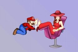 1boy 1girls 5_toes animated animated_gif barefoot breasts brown_hair chair clothed clothing dress earings feet female foot_fetish full_body hat jayakun long_hair looking_at_another male mario mario_(series) nail_polish pauline pixel_animation pixel_art red_dress simple_background sitting sitting_down super_mario_odyssey tickle_fetish tickle_torture tickling tickling_feet toes uncanny_valley