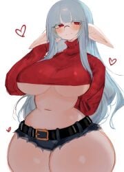 belt belt_buckle big_ass big_breasts big_butt blank_background elf elf_ears elf_female elf_girl glasses hand_through_hair heart hime_cut huge_thighs long_hair long_hair_female plain_background pointed_ears short_shorts solo thick thick_ass thick_thighs torn_clothes torn_clothing torn_pants usa37107692 white_background white_hair wide_hips