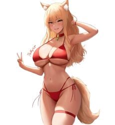 1girls alternate_breast_size big_breasts bikini blonde_hair breasts fate/grand_order fate_(series) feikyart female fox_ears fox_girl huge_breasts kitsune large_breasts light-skinned_female long_hair peace_sign simple_background smile solo suzuka_gozen_(fate) swimsuit