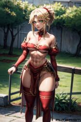 1girls abs ai_generated alterism bandeau bare_shoulders blonde_hair braid braided_hair detached_sleeves fate/apocrypha fate/grand_order fate_(series) green_eyes groin mordred_(fate) muscular muscular_female navel outside pelvic_curtain ponytail sidelocks small_breasts solo stable_diffusion standing thick_thighs toned_stomach underboob