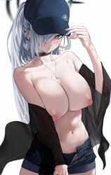 abydos_high_school_logo_(blue_archive) abydos_high_school_student angel bikini blue_archive breasts choker hat heterochromatic_pupils kazane-wind looking_at_viewer navel necklace nipples shiroko_(blue_archive) shiroko_(terror)_(blue_archive) shorts_unzipped topless white_pupil wolf_ears