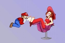 1boy 1girls 5_toes animated animated_gif barefoot breasts brown_hair chair clothed clothing dress earings feet female foot_fetish full_body hat jayakun laughing long_hair looking_at_another male mario mario_(series) nail_polish pauline pixel_animation pixel_art red_dress simple_background sitting sitting_down super_mario_odyssey tickle_fetish tickle_torture tickling tickling_feet toes uncanny_valley