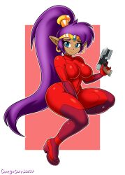 blue_eyes body_suit bodysuit breasts cosplay covered_navel dark_skin embarrassed female gun large_breasts long_hair looking_at_viewer navel nintendo omegasunburst pointy_ears ponytail purple_hair red_bodysuit samus_aran samus_aran_(cosplay) shantae shantae_(character) skin_tight smile solo tagme wayforward weapon zero_suit zero_suit_samus zero_suit_samus_(cosplay)