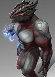 2023 abs absurd_res agitype01 anthro biceps big_penis biped digital_media_(artwork) dragon dragonborn_(dnd) dungeons_and_dragons genitals grey_background grey_body grey_scales half-erect hasbro hi_res horn humanoid_genitalia humanoid_penis magic_user male male_only multicolored_body muscular muscular_anthro muscular_male muscular_thighs pecs penis pupils red_body scales scalie serratus simple_background slit_pupils solo triceps two_tone_body wizards_of_the_coast yellow_eyes