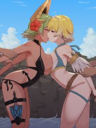 2boys 2girls alternate_costume aqua_bikini arm_grab arm_pull arms_behind_back asymmetrical_docking big_breasts bikini bisexual bisexual_(female) bisexual_female black_one-piece_swimsuit black_swimsuit blade_ride blonde_hair blue_bikini blue_eyes blue_hair blue_sky blue_swimsuit blush breast_press breasts closed_eyes clothed_sex cloud commission dark-skinned_female dark_skin earrings feather_trim female female_focus fire_emblem fire_emblem_heroes fit_female fjorm_(fire_emblem) fjorm_(summer)_(fire_emblem) flower gold_horns gradient_clothes gradient_hair green_hair hair_flower hair_ornament hibiscus highres jewelry kissing kissing_while_penetrated laegjarn_(fire_emblem) laegjarn_(summer)_(fire_emblem) large_breasts light-skinned_female male medium_breasts multicolored_hair multiple_boys multiple_girls nintendo official_alternate_costume one-piece_swimsuit orange_hair outdoors prison_guard_position sex sex_from_behind short_hair skeb_commission sky slim_waist standing standing_sex swimsuit thick_thighs vaginal_penetration water