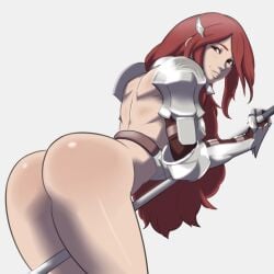 1girls ass between_legs bottomless cordelia_(fire_emblem) drawbutts female female_only fire_emblem fire_emblem_awakening gloves large_ass nintendo red_hair smile solo source_request spear weapon