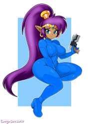 blue_eyes body_suit bodysuit breasts cosplay covered_navel dark_skin embarrassed female gun large_breasts long_hair looking_at_viewer navel nintendo omegasunburst photoshop pointy_ears ponytail purple_hair samus_aran samus_aran_(cosplay) shantae shantae_(character) skin_tight smile solo tagme third-party_edit wayforward weapon zero_suit zero_suit_samus zero_suit_samus_(cosplay)