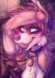 absurd_res anthro breasts canid canine cleavage clothed clothing collar dimmi_(character) dimwitdog female genitals hi_res male male/female mammal original original_character penis sharp_teeth teeth vein veiny_penis