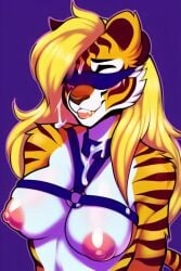 ai_generated anthro blindfold blonde_hair cum cum_on_face cum_slut feline female_tiger frosting.ai furry harness orange_fur stripes submissive_female tigress