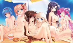 6+girls :d ass ball bare_arms bare_legs bare_shoulders barefoot baseball_(object) beach_umbrella beachball black_hair blanket blonde_hair blue_eyes blue_hair blue_sky blush book breasts breasts_apart brown_hair cleavage closed_mouth collarbone comiket_102 commentary_request completely_nude curvy eyes_visible_through_hair feet feet_out_of_frame fingernails frown full_body hair_between_eyes hair_bobbles hair_ornament hair_ribbon hair_spread_out hairband hairclip happy highres holding holding_ball holding_beachball holding_book holding_hands kamikita_komari knees_together_feet_apart knees_up kurugaya_yuiko large_breasts legs legs_together lens_flare little_busters! long_hair long_ribbon looking_at_viewer multiple_girls natsume_rin navel nipples nishizono_mio noumi_kudryavka nude one_eye_closed open_mouth orange_eyes otou_(otou_san) outdoors parfait parted_bangs parted_lips purple_eyes purple_hair red_eyes red_hairband red_ribbon ribbon saigusa_haruka second-party_source shiny_skin short_hair shy sidelighting sitting sky small_breasts smile soles stomach straight_hair sweat thighs toenails toes two_side_up umbrella very_long_hair wariza yokozuwari