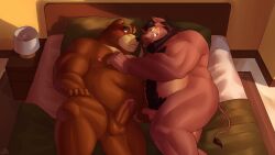 16:9 2022 absurd_res anthro balls barazoku bear beard bed blush body_hair detailed_background duo embrace erection eye_contact facial_hair furniture genitals hand_on_chest hi_res high-angle_view intimate juuichi_mikazuki looking_at_another male male/male mammal morenatsu musclegut muscular muscular_male narrowed_eyes nipples nude on_bed overweight overweight_male penis penis_grab romantic romantic_couple shibacream steeb_the_boar suid suina sus_(pig) visual_novel widescreen wild_boar