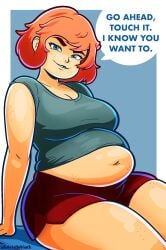 belly big_belly chubby chubby_female cleavage clothed freckles green_eyes maggie_(wholelottablank) orange_hair shorts text thick_thighs thighs wholelottablank