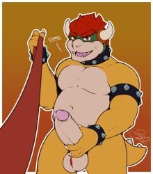 4_fingers anthro armband balls bodily_fluids body_hair bowser collar command countershade_torso countershading dialogue english_text fingers first_person_view genital_fluids genitals hair hairy_balls hi_res holding_penis imminent_sex koopa leash leashed_pov looking_at_viewer male male_only mario_(series) navel nintendo open_mouth orange_body penis precum red_hair salamandr scalie solo spiked_armband spiked_collar spiked_tail spikes spikes_(anatomy) tail talking_to_viewer text