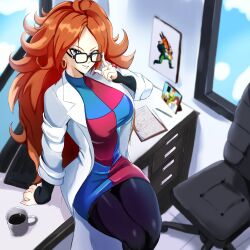 1girls android_16 android_21 android_21_(good) android_21_(human) bandai_namco black_sleeves blue_eyes breasts brown_hair checkered_clothes checkered_dress cleavage closed_mouth detached_sleeves dragon_ball dragon_ball_fighterz dress earrings female female_only glasses highres hyrus_(artist) jewelry lab_coat large_breasts long_hair looking_at_viewer messy_hair muscular_female navel_visible_through_clothes simple_background smile solo standing