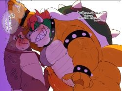 2boys against_surface against_wall anthro ape balls belly blush bowser brown_body brown_fur donkey_kong donkey_kong_(series) duo erection frottage fur gay genitals gorilla grin hair haplorhine hi_res horn hyaku_(artist) kabedon koopa male male/male male_only mammal mario_(series) musclegut muscular muscular_anthro muscular_male nintendo pecs penis primate red_hair scalie sex size_difference smile