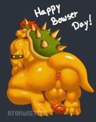 1boy 2023 absurd_res accessory anthro anus ass balls big_butt bodily_fluids bowser bowser_day bracelet chubby_male digital_media_(artwork) gay gay_male genital_fluids genitals hair hi_res jewelry koopa looking_at_viewer looking_back looking_back_at_viewer male male_only mario_(series) nintendo penis precum presenting presenting_hindquarters red_hair ryokusetteh scalie simple_background simple_coloring slightly_chubby smile solo sweat sweaty_balls sweaty_butt sweaty_genitalia sweaty_legs sweaty_thighs tail teeth