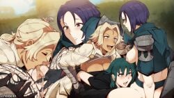 3girls absurdres artist_name blonde_hair blue_hair breasts byleth_(female)_(fire_emblem) byleth_(fire_emblem) byleth_(fire_emblem)_(female) catherine_(fire_emblem) cleavage cunnilingus cup dark-skinned_female dark_skin day english_commentary female female_only femdom fff_threesome fire_emblem fire_emblem:_three_houses green_hair group_sex highres large_breasts leggings lezdom multiple_girls nintendo older_female oral outdoors pinkseito pussy pussy_juice shamir_nevrand spread_legs tea teacup teal_hair threesome yuri