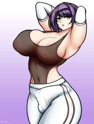 1futa armpits arms_behind_head arms_up balls bangs big_breasts big_penis breasts bulge cleavage clothed clothing erection fully_clothed futa_only futanari genshin_impact hands_behind_head human hyper_breasts kujou_sara light-skinned_futanari light_skin penis purple_hair roneesan see-through short_hair solo standing thick_thighs toned_futa