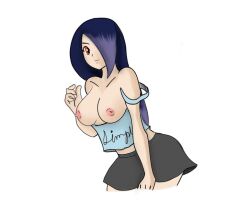 1girls 4:5 black_hair black_skirt blank_background blue_shirt braless breasts female hair_over_one_eye juleka_couffaine kachomancer large_breasts looking_at_viewer miraculous_ladybug one_eye_covered purple_hair teen topless white_background