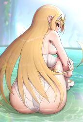 1girls absurd_res ass beach blonde_hair breast_press breasts bubble_butt busty cleavage crossed_arms curvy detailed_background earrings female female_only gonzarez highres large_ass large_breasts long_sleeves looking_at_viewer looking_back monolith_soft mythra nintendo one-piece_swimsuit outside sandals slim_waist swimsuit very_long_hair voluptuous water wet white_sandals white_swimsuit wide_hips xenoblade_(series) xenoblade_chronicles_2 yellow_eyes