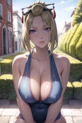 ai_generated big_breasts blonde_hair cleavage facial_scar female female_only gintama hair_ornament kunai leotard looking_at_viewer nipple_bulge one-piece_swimsuit outside purple_eyes scar smile solo swimsuit tied_hair tsukuyo tsukuyo_filler upper_body