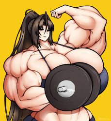 black_hair cleavage extreme_muscles flexing_bicep gigantic_breasts hyper_muscles muscular_female red_eyes rere_(roneesan) roneesan weightlifting