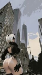 ai_generated ass ass_focus ass_grab big_ass black_dress blindfold city clouds dress hairband human mammal nier:_automata outdoors outside pale-skinned_female pale_skin primate showing_ass showing_off_ass sky skyscraper spread_ass standing street urban white_hair white_skin yorha_2b