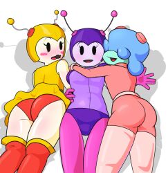 3girls alien antennae ass blushing celeste_(naq) embarrassed hair_covering_eyes hugging naq nebula_(naq) nebula_and_quasar nova_(naq) open_mouth panties skirt_up