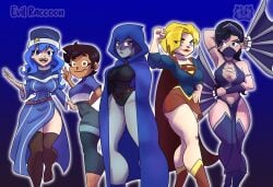 5girls anime_style big_ass big_breasts blue_eyes blue_hair cape crossover dark-skinned_female dark_skin dc dc_comics dc_super_hero_girls evil_raccoon fairy_tail female female_only gold_eyes grey_skin happy_female hat juvia_lockser kara_danvers kara_zor-el karen_starr kitana latina leotard long_hair luz_noceda mortal_kombat multiple_girls purple_eyes purple_hair raven_(dc) short_hair shorts supergirl superhero superheroine teen_titans the_owl_house thick_ass thick_thighs thigh_highs thighhighs thighs tight_clothing trait_connection unhappy_female video_games white_skin