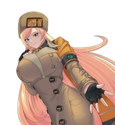 1girls 2023 aassddff blonde_hair blue_eyes coat fingerless_gloves gloves guilty_gear hat large_breasts looking_at_viewer millia_rage reaching_out smile standing tagme very_long_hair