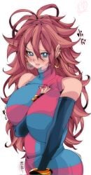 1girl 1girls android android_21 android_21_(human) arc_system_works arm_between_breasts bandai_namco big_breasts blue_eyes blush bracelets brown_hair clothed dragon_ball dragon_ball_fighterz ear ear_piercing earrings elbow_gloves exposed_shoulders fanart female flustered gold_jewelry hair_between_eyes long_hair looking_at_viewer messy_hair omochi_db steam steamy_breath turtleneck voluptuous voluptuous_female vomi_(dragon_ball)