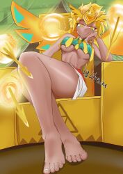 1girls barefoot clothing cookie_run feet feet_focus foot_fetish golden_cheese_cookie lilypachu sitting smug tagme