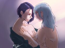 2girls artist_name blue_hair breast_grab byleth_(fire_emblem) byleth_(fire_emblem)_(female) completely_nude completely_nude_female enlightened_byleth_(female) fire_emblem fire_emblem:_three_houses green_hair kiora06 large_breasts looking_at_another nude partially_nude partially_nude_female shamir_nevrand short_hair yuri