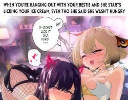 2girls absurdres akuma_nihmune black_hair blush breasts brown_hair cleavage english_text female female_only fishnets glint gradient_hair grs- heart highres horns implied_fellatio implied_futanari indie_virtual_youtuber indoors medium_breasts meme multicolored_hair multiple_girls one_eye_closed open_mouth sanagi_yuzu speech_bubble spoken_heart succubus table virtual_youtuber