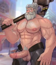 1boy 2022 abs activision balls bara barazoku beard biceps big_balls big_penis blizzard_entertainment blush daddy erection facial_hair gay hairy hairy_chest hi_res highres looking_at_viewer male male_focus male_nipples male_only male_pubic_hair manly muscles muscular muscular_arms muscular_male nipples overwatch overwatch_2 pecs penis reinhardt scar solo solo_male testicles vein veiny_penis white_beard white_hair