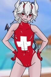 azureemmi_(artist) beelzebub_(helltaker) demon_girl female helltaker latex latex_gloves leotard lifeguard