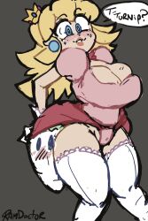 1girl blonde_hair blue_eyes blush crown dialogue earrings female gloves lipstick mario_(series) nintendo panties princess_peach ramdoctor speech_bubble super_mario_bros._2 thick_thighs thigh_highs turnip