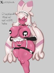 absurd_res areola artykfrozt big_breasts breasts clothed clothing cover_nipples english_text female generation_9_pokemon hair hi_res humanoid long_hair maid_uniform nintendo not_furry pink_body pink_skin pokémon_(species) pokemon pokemon_(species) pokemon_sv solo text thong tinkaton underwear uniform