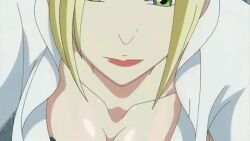 animated blonde_hair bouncing_breasts breasts brown_bra cleavage gif green_eyes hand_on_hip high_heels labcoat large_breasts onna_(tlr) screencap short_hair skirt standing_up subtitled tagme to_love-ru white_skin white_skirt