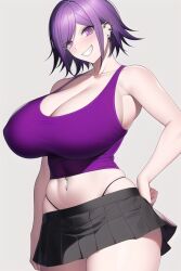 ai_generated belly_piercing cleavage danganronpa danganronpa_v3 evil_grin genderswap_(mtf) huge_breasts kokichi_ouma lingerie nai_diffusion ouma_kokichi purple_eyes purple_hair rule_63 skirt stable_diffusion tank_top