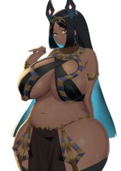 1girls :o anubis big_breasts black_hair brown_body chubby_female dark-skinned_female egyptian egyptian_mythology female_only huge_breasts long_black_hair long_hair looking_at_viewer massive_breasts no_sex remomon tagme thick_thighs thighs yellow_eyes