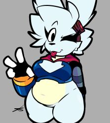 anthro anthro_only belly_button blank_background blue_body blue_fur blue_hair bunny bunny_ear bunny_ears bunny_girl bunnygirl chubby chubby_anthro chubby_belly chubby_female female_furry fur furry grey_background long_ears looking_at_viewer no_pants one_eye_closed one_eye_open plain_background springhell1201 tongue tongue_out