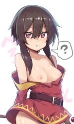 :o ? absurdres bare_shoulders belt blush breasts breasts_out brown_belt brown_hair chipa_(arutana) clueless collarbone confused dress female hair_between_eyes highres holding holding_staff kono_subarashii_sekai_ni_shukufuku_wo! looking_at_viewer medium_breasts megumin nipples no_bra no_panties off_shoulder open_mouth parted_lips red_dress red_eyes short_hair_with_long_locks sidelocks simple_background solo speech_bubble spoken_question_mark staff white_background