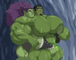 2boys bara bara_tiddies bara_tits big_pecs black_hair blush blush blushing_male chest_worship fangs gay green_nipples growth huge_pecs human kartos long_hair magic male male/male male_only nipples orc pec_worship purple_hair transformation visible_fangs worship