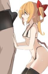 1boy 1girls bikini black_bikini black_thighhighs blonde_hair breasts bulge bulge_awe cleavage erection erection_under_clothes female flandre_scarlet from_side highres kamukamu_(ars) looking_at_penis medium_breasts medium_hair micro_bikini navel one_side_up open_mouth penis_awe petite pointy_ears red_eyes simple_background swimsuit thighhighs touhou white_background wings