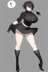 ai_generated black_clothing black_hair black_skirt danganronpa danganronpa_v3 gender_transformation genderswap_(mtf) high_heels huge_breasts nai_diffusion rule_63 saihara_shuuichi serious shuichi_saihara skirt stable_diffusion