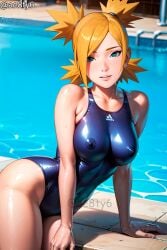 1girls ae8ty6 ai_generated arm_support big_breasts blonde_hair blush boruto:_naruto_next_generations breasts female female_only green_eyes looking_at_viewer mature mature_female milf naruto naruto_(series) nipples nipples_visible_through_clothing one-piece_swimsuit pinup ponytail pool poolside quad_tails see-through see-through_swimsuit smile soaked stable_diffusion swimming_pool swimsuit temari thick_thighs visible_nipples voluptuous watermark wet wet_body wet_skin wide_hips