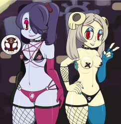 8ball9615 armwear bloody_marie blue_hair blue_makeup blue_nail_polish blue_skin grey_hair legwear pale-skinned_female purple_makeup red_eyes skull_hair_ornament skullgirls small_breasts smiling_at_viewer spiked_collar squigly stitched_mouth twintails undead_female zombie_girl