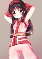 1girls ainu_clothes armpits arms_behind_head black_hair breasts brown_eyes cleft_of_venus fingerless_gloves gloves hair_ribbon highres king_of_fighters legs long_hair looking_at_viewer nakoruru nipples pants petite pose posing pussy pussy_peek ribbon samurai_shodown see-through sensual sexy_armpits small_breasts snk solo sweat thighs weapon